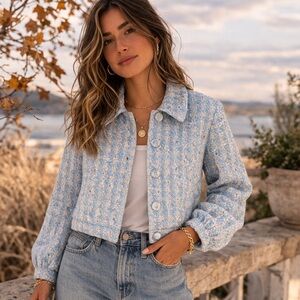 L’AGENCE Bridges Cropped Tweed Jacket Blue Multi Metallic Plaid Size 6